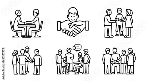 Minimalist Line Art Icons of Teamwork, Collaboration, Brainstorming, Leadership, Diversity, and Organizational Development in Black Outline Vector Style