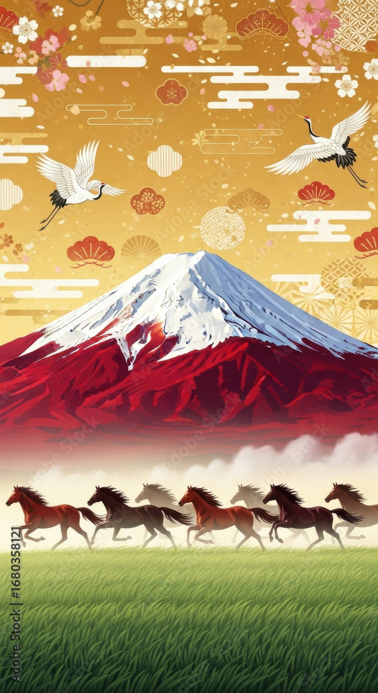 Naklejka premium Mount Fuji snow red mountain green field running horse crane cloud gold sky Japanese pattern flower. vibrant scene with horses galloping front of Mount Fuji cranes flying above and traditional