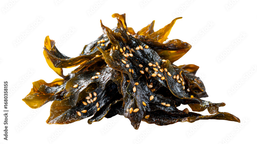 Fototapeta premium Crispy seasoned seaweed flakes with sesame seeds scattered on top, cut out transparent