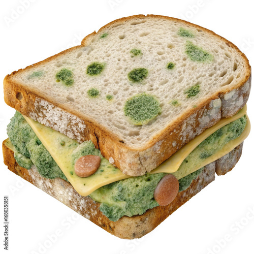 Moldy sandwich with cheese and broccoli, a disgusting meal, a scary snack, a unhealthy food choice, diet failure with spoiled bread