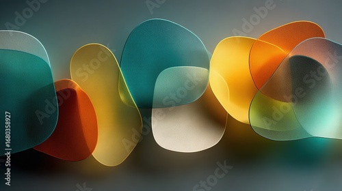 Layered transparency effect background with overlapping subtle shapes in neutral tones creating depth through a minimalist aesthetic, suitable for graphic, web or print projects