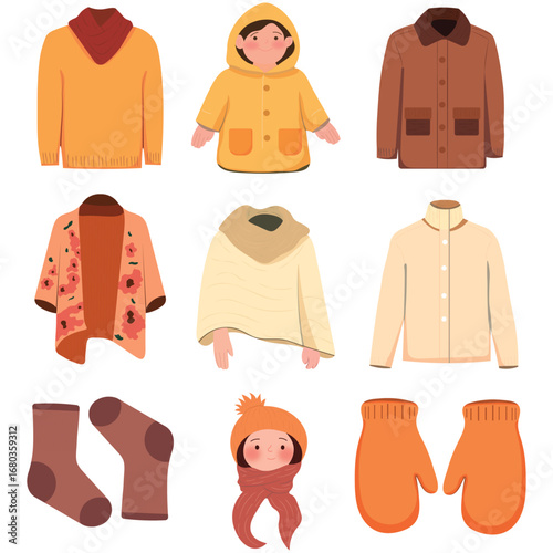 Winter and autumn clothing vector set illustration, cozy warm outfits with sweaters, jackets, poncho, socks, mittens, scarf and hat, seasonal fashion collection for cold weather, kids and adults