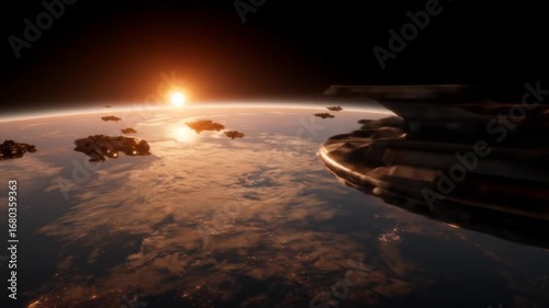 A fleet of large, dark spacecraft orbits a planet at sunrise.