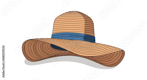 Elegant straw sun hat with a blue ribbon, evoking a sense of summer vacations and stylish sun protection perfect for sunny days with sophisticated