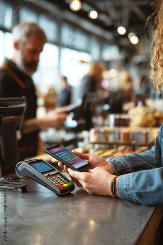 Customer makes a mobile payment at a bright modern store checkout in a bustling retail environment