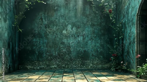 Sunlit Verdant Courtyard with Ancient Stone Walls.