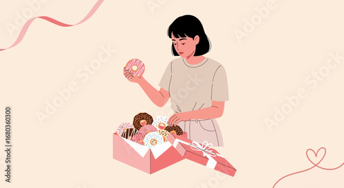 A Woman Selects a Donut From a Gift Box Offering Sweet Treats and Delicious Delights