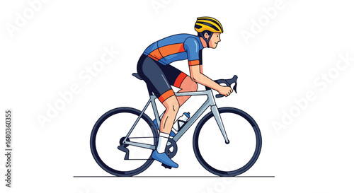 Cyclist determined focused energy vector design with streamlined modern bicycle illustration on a white background showcasing performance and