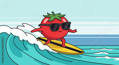 Tomato Surfing The Waves, Enjoying The Sun And Wearing Sunglasses On A Surfboard