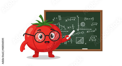 Tomato Teacher Presents Calculus Equations on a Blackboard in an Adorable Educational Setting