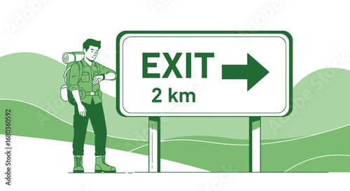 Tourist With A Backpack Checking Time, Exiting The Trail With Signpost, 2 Kilometers Away