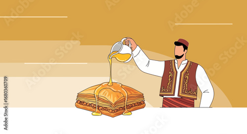 Traditional Dessert Being Drizzled With Golden Syrup Or Sweet Liquid, Culinary Illustration