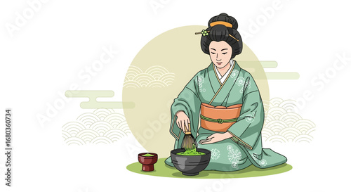 Traditional Japanese Tea Ceremony Illustration, Geisha Preparing Matcha Powdered Green Tea
