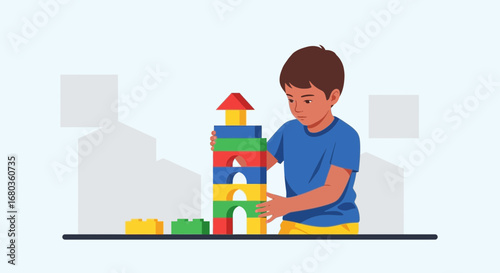 A Young Boy Builds a Tower with Colorful Toy Blocks in vector illustration style