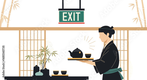 Traditional Japanese Tea Ceremony Exit Sign Concept With Bamboo And A Person