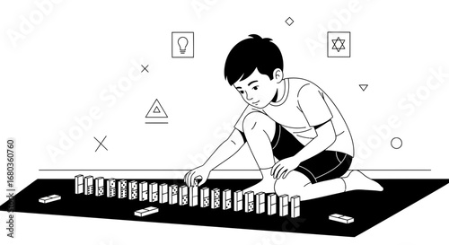 A Young Boy Carefully Arranges Dominoes, Readying for a Moment of Delightful Collapse