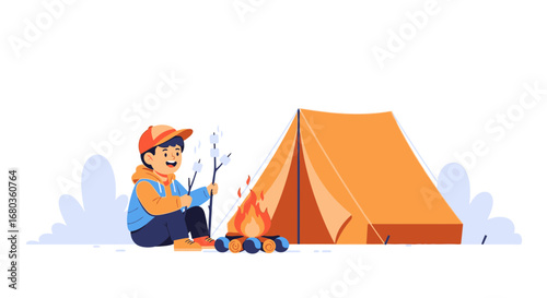 A young boy camping and roasting marshmallows next to a tent and campfire
