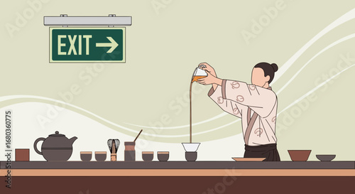 Traditional Japanese Tea Ceremony Preparation With An Exit Sign In The Background