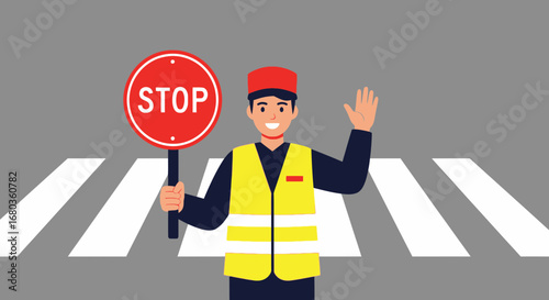 Traffic Controller Signaling Stop on Crosswalk, Ensuring Safety and Pedestrian Guidance