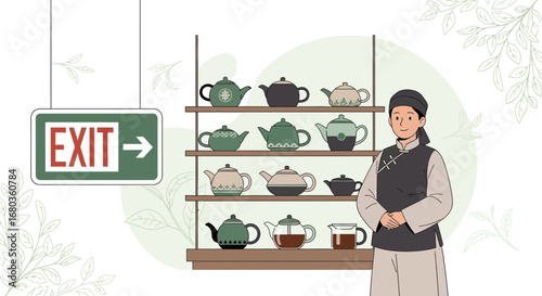 Traditional Tea Ceremony Featuring Variety Of Teapots In A Shop, With Exit Sign