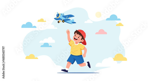 A young boy chasing a toy airplane, showcasing feelings of joy and excitement in flight