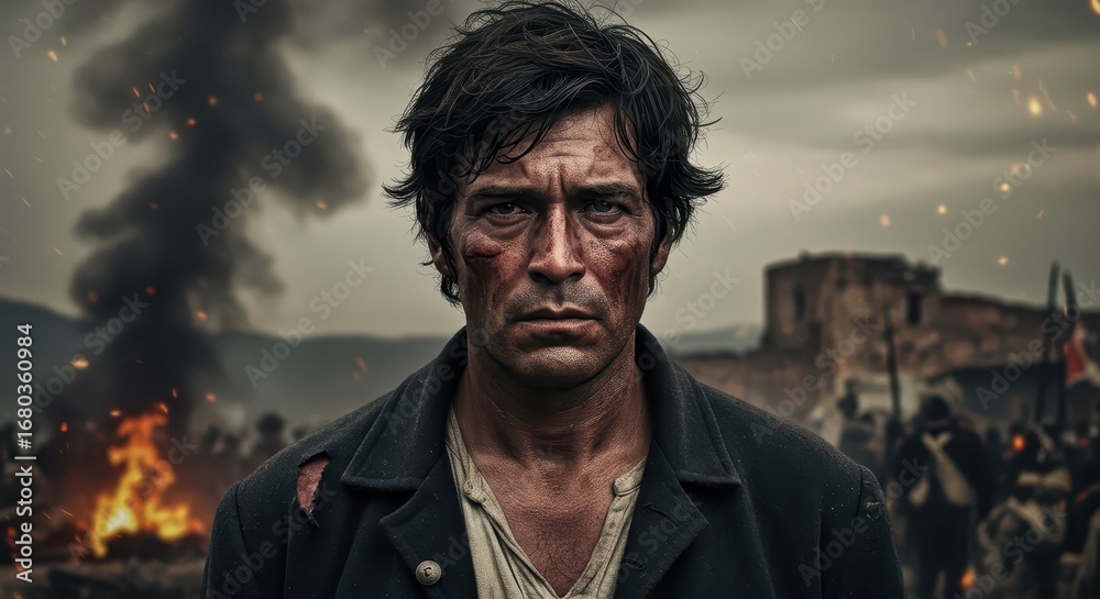 Obraz premium A man's determined gaze, shadowed by conflict, focused on a battlefield scene with a fire.