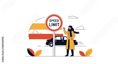 Traffic Regulations and Person Symbolize Speed Restrictions in an Artistic Illustration