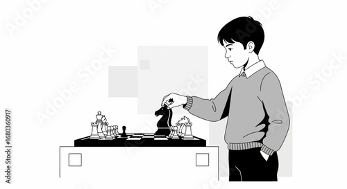 A young boy considers his move in a game of chess with the knight piece