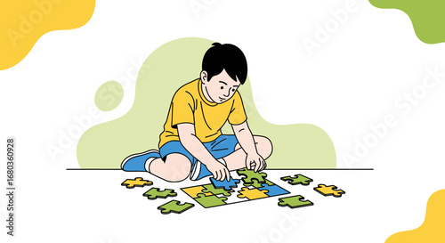 A Young Boy Concentrating on Solving a Colorful Jigsaw Puzzle on the Floor