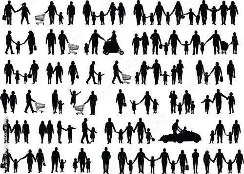 Silhouette diverse families walking, parents holding children, shopping carts, strollers, outdoor lifestyle