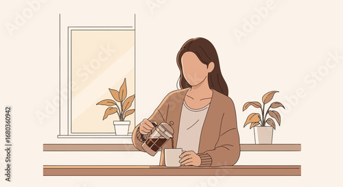 Tranquil Moments: A Woman Brewing Fresh Coffee in a Calm and Comfortable Morning Setting