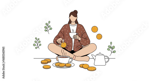 Tranquil Scene Of Woman Enjoying Tea And Biscuits In A Serene And Relaxing Moment