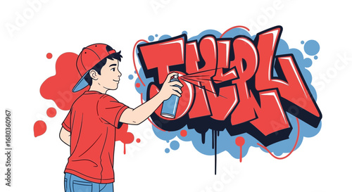 A Young Boy Creating Colorful Graffiti Art on a White Wall with Spray Paint