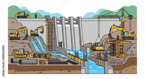 Construction of a Large Hydroelectric Dam with Heavy Machinery and Scaffolding Elements for Structural Engineering Projects