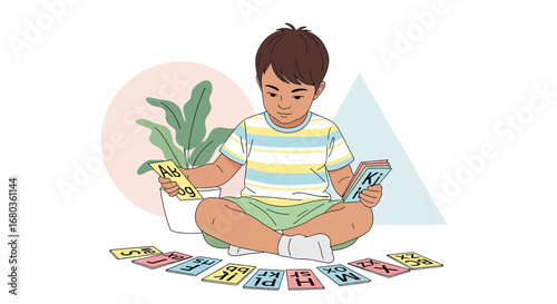 A Young Boy Engaged in Learning, Reading Flashcards While Surrounded By Letters