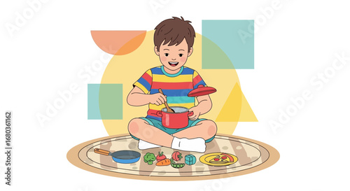A Young Boy Engaged in Play Cooking with Toy Kitchen Utensils and Pretend Food