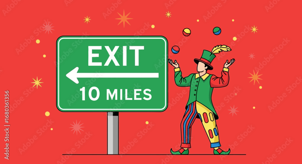 Naklejka premium Traveling Clown Juggling Near Highway Exit Sign On An Eye Catching Crimson Backdrop