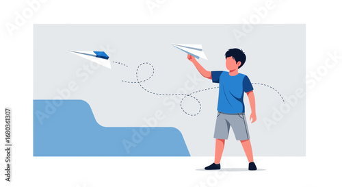 A Young Boy Enjoys Throwing a Paper Airplane, Displaying Joy and Playfulness