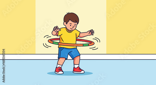 A Young Boy Exercises with a Hula Hoop Indoors During Playful and Active Time