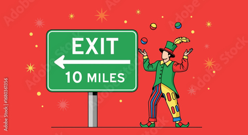 Traveling Clown Juggling Near Highway Exit Sign On An Eye Catching Crimson Backdrop