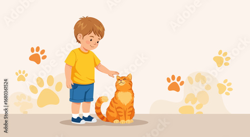 A Young Boy Gently Petting a Happy Orange Cat in a Playful, Affectionate Scene