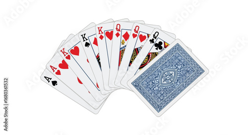Arrangement of royal flush combination from a deck of playing cards with back of cards, gaming and strategic elements, gambling concept in luck 177