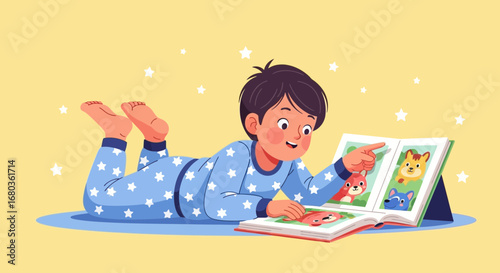 A Young Boy in Pajamas Enjoys Reading a Children's Book with Cartoon Animals