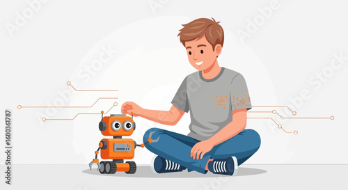 A young boy interacting with a robot creating programming or technology relationship