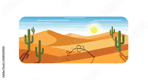 Stylized desert landscape showcasing sand dunes cacti clear sky and a withered plant with sun shining brightly in the clear blue sky