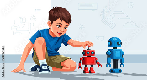 A young boy is cheerfully playing with robotic toys, possibly learning coding or robotics