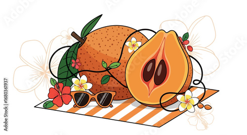 Tropical Fruit Composition with Sunglasses, Flowers and Summer Relaxation Vibes