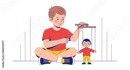 A Young Boy is Playing with a Puppet, Depicting Childhood and Imagination