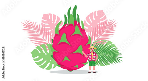 Tropical Holiday Illustration Featuring Dragon Fruit, Man and Foliage Elements