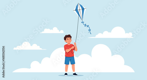 A Young Boy Joyfully Flying a Kite on a Sunny Day with White Clouds